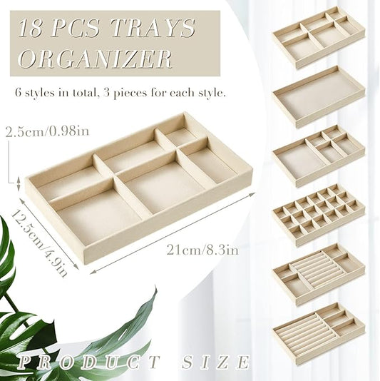 Junkin 18 Pcs Velvet Jewelry Tray Stackable Jewelry Drawer Organizer Jewellery Box Divided Display Tray for Earring Bangle(Beige)