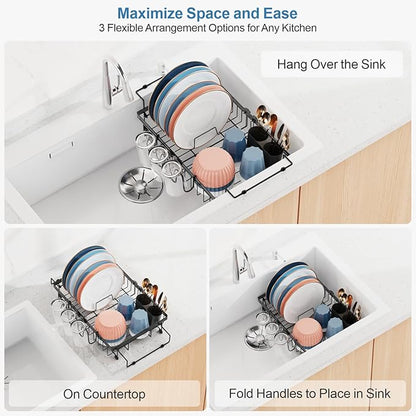 iSPECLE Expandable in Sink Dish Drying Rack - Adjustable Capacity Over The Sink Dish Drainer Drying Rack with Cup Holder for Kitchen, 12.4"-17.1" L x 14.2" W, Black