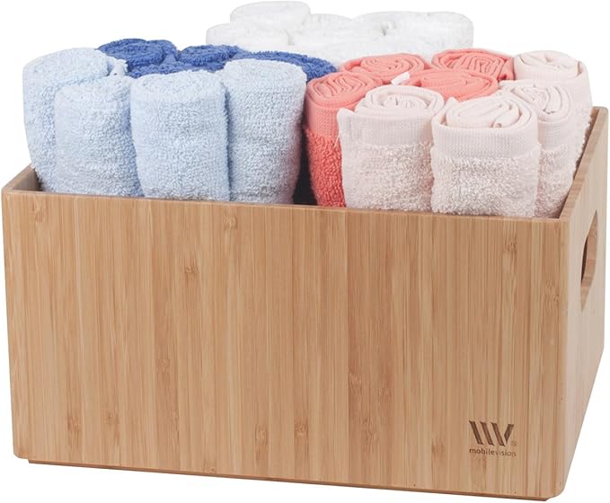 MobileVision Bamboo Storage Box, 12”x 9”x 6”, Durable Bin w/ Handles, Stackable - For Toys Bedding Clothes Baby Essentials Arts & Crafts Closet & Office Shelf With (White Clip Included)