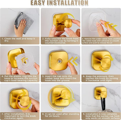 Fenas Suction Cup Hooks for Shower - Resuable Bathroom Hooks for Towels, Robes & Loofah - No-Drill Mounting on Kitchen,Walls,Metal,Glass,Mirrors,Tile & Smooth Non-Porous Surfaces (4, Brushed Gold)