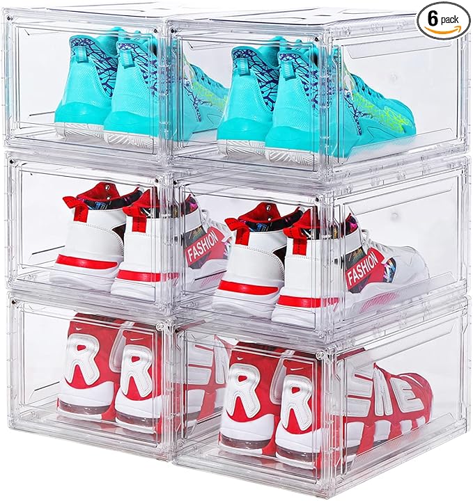 SAISTORY 6 Pack Shoe Boxes Clear Stackable, Large Shoe Storage Boxes, Space Saving Acrylic Shoe Boxes, Foldable Shoe Container Boxes that Fits Up to Size 14 Shoes (10 Pack Transparent)