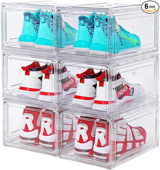 SAISTORY 6 Pack Shoe Boxes Clear Stackable, Large Shoe Storage Boxes, Space Saving Acrylic Shoe Boxes, Foldable Shoe Container Boxes that Fits Up to Size 14 Shoes (10 Pack Transparent)