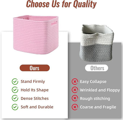 3 Pack Cube Storage Bin, 9”x9”x7” Cotton Rope Woven Baskets for Organizing Toys Clothes Towels, Square Gift Storage Baskets for Shelf, Nursery, Closet, Bathroom, Pantry (Pink)