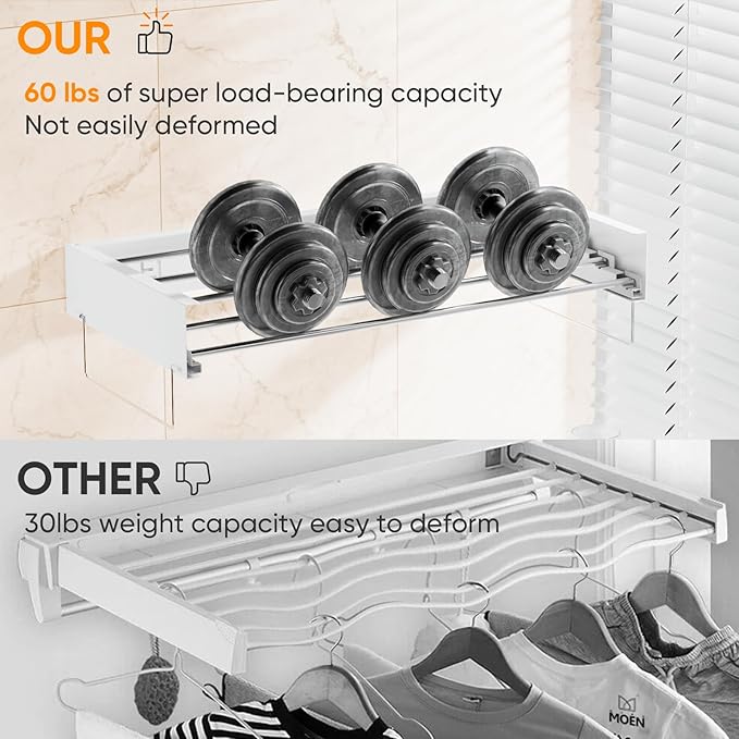 Wall Mounted Drying Rack, Laundry Clothes Drying Rack Foldable, Collapsible Hanger Clothing Wall Mount with 2 Towel Handles and Wall Template for Indoor Outdoor Hanging Clothes, 5 Rods, 31.5 Inch