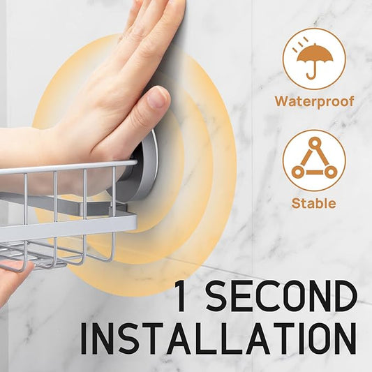 LEVERLOC 2 Pack Corner-adaptive Suction Cup Shower Caddies, Drill-Free Wall Mounted Basket, Stainless Steel Rustproof Corner Shower Shelf, Large Capacity Removable Suction Cup Bathroom Organizer, Gray