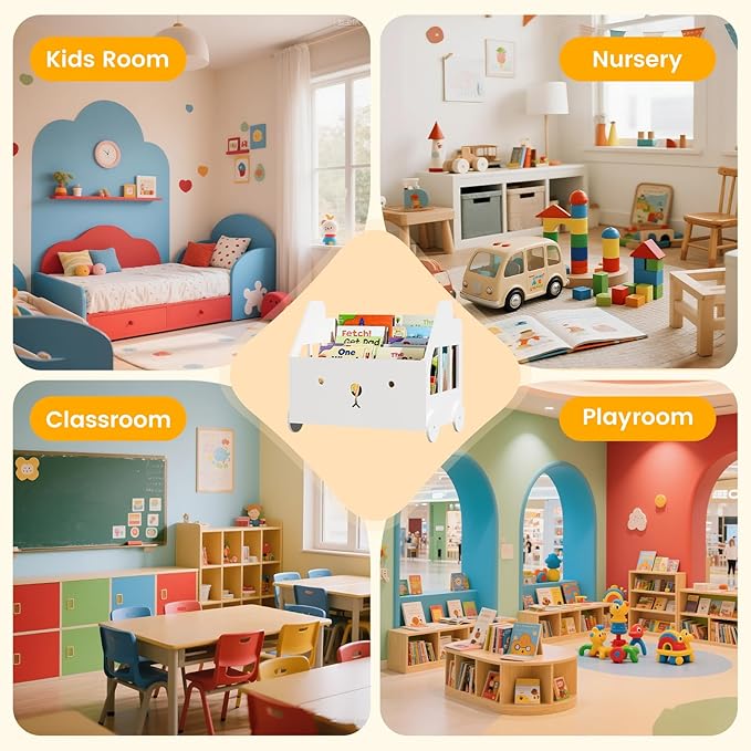 Wooden Kids Bookshelf, Toddler Montessori Bookshelf, Nursery Book Shelves with 4 Adjustable Dividers, Book Shelf for Kids Rooms, Nursery, Bedroom, Classroom and Playroom Storage
