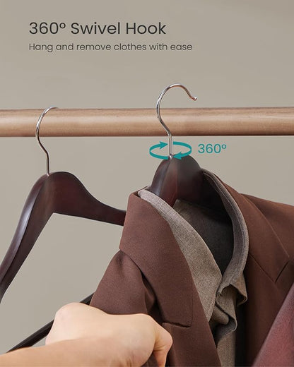 SONGMICS Extra Wide Wooden Suit Hangers, Set of 10 Clothes Hangers, Swivel Hooks, Non-Slip Bars, for Outfits, Suits, Coats, Shirts, Dresses, Mahogany UCRW050MZ01