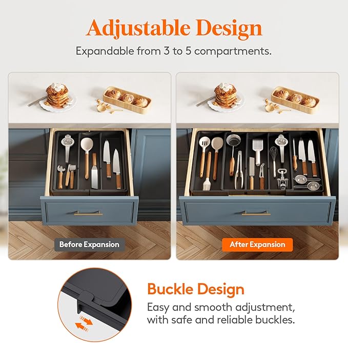 Lifewit Utensil Organizer for Kitchen Drawers, Expandable Cooking Utensil Tray, Adjustable Cutlery Silverware Flatware Holder, Plastic Spatula Tools and Gadgets Storage Divider, Black, 16"-28" x 18.5"