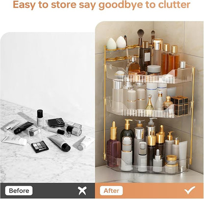 ZZWILLB Corner Bathroom Counter Organizer with Makeup Brush Holder & Toothbrush Holders, Makeup Organizer for Vanity Countertop, Acrylic Skincare Storage Shelf (Clear, 3-Tier)
