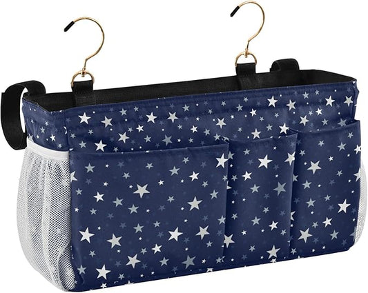 CuwrYet Bedside Caddy Hanging Bunk Bed Caddy Bed Organizer Hanging Pocket with 2 Hooks Bedside Storage Organizer Pocket Bag Holder Stars Dark Blue