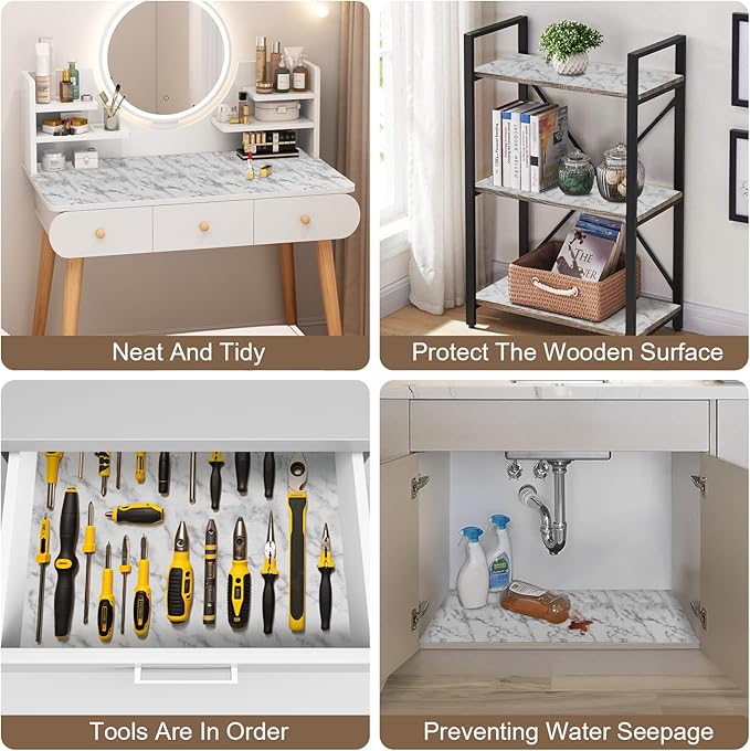 OcePor Non-Adhesive Drawer and Shelf Liner 12IN x 20FT，Non Slip Cabinet and Cupboard Liner, Kitchen Cabinet Liners for Shelves, Waterproof Drawer Shelf Liners for Cabinets/Bathroom Cupboard, Marble