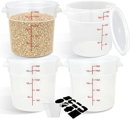 BIEAMA 4 Pack Round Food Storage Containers with Lids, 18Qt Translucent Commercial Food Container, Polypropylene, BPA Free, Includes Labels & Measuring Cups
