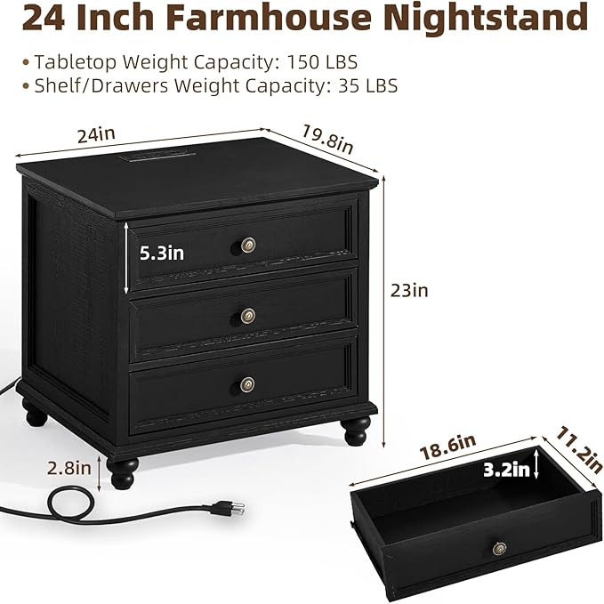 Joaxswe Farmhouse Nightstand Set of 2 with Charging Station, 24" Wide End Table with 3 Drawers,Dresser for Bedroom,Bed Side Table Chest of Drawers Cabinet,Wood Black Night Stand for Living Room