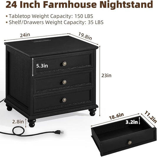 Joaxswe Farmhouse Nightstand Set of 2 with Charging Station, 24" Wide End Table with 3 Drawers,Dresser for Bedroom,Bed Side Table Chest of Drawers Cabinet,Wood Black Night Stand for Living Room