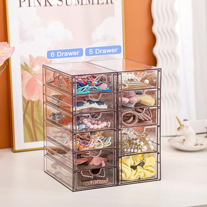 FABROK Clear Hair Accessory Organizer Box with 6 Drawers, Compact Storage Organization Drawers Set for Cosmetics, Glasses, Stationery, Stackable Storage Containers Box for Bathroom, Closet, Office