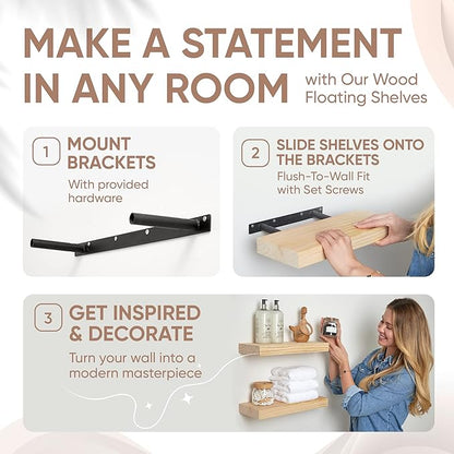 Homeforia Wood Floating Shelf 12 inch, High End Solid Natural Wood 12inch Floating Shelves for Wall Mounted, Unfinished Small Wooden Floating Shelves, Heavy Duty Bracket, 12 X 6.5 X 1.75 in, Set of 2
