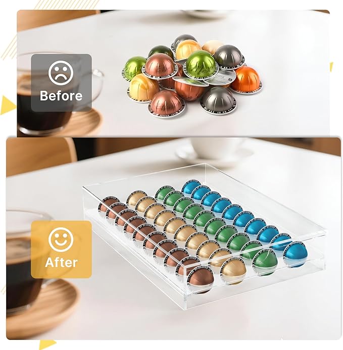 Coffee Pod Holder Compatible with Nespresso Pods Vertuo Holder, 40 Pods Capacity Acrylic Drawer Organizer, Suit for Home Office, Kitchen, Coffee Counter