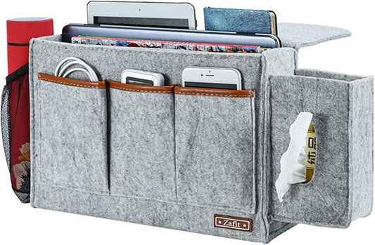Zafit Bedside Caddy, Large Size Bedside Storage Organizer Bedside Organizer Caddy for Magazine Remotes Phone (13.4'' x 18.1'' Tissue box holder, Light Grey)