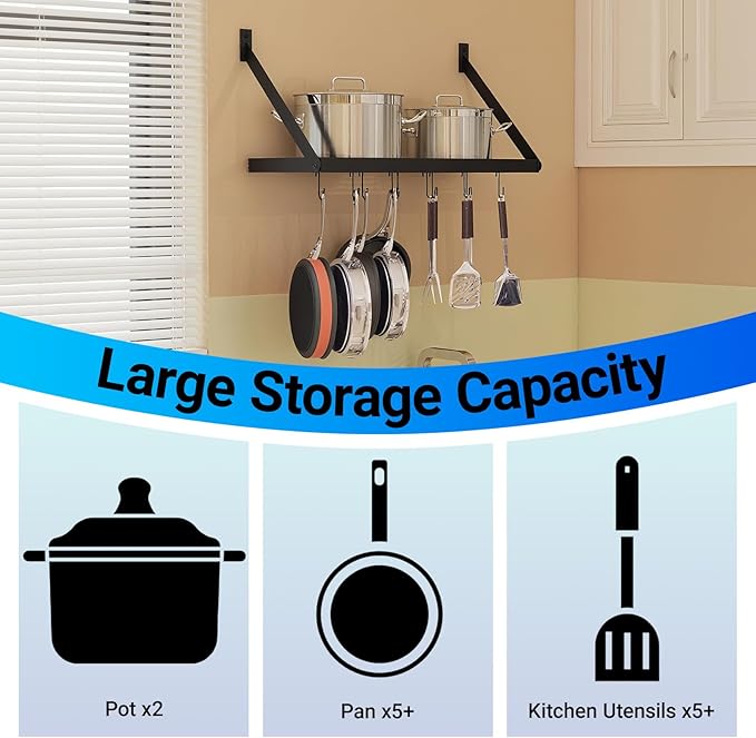 Miyili Pot Rack Square Grid Wall Mounted Kitchen Pot And Pan Organizer Shelf With 10 Hooks, 24 by 10-inch (Black), KR301B1