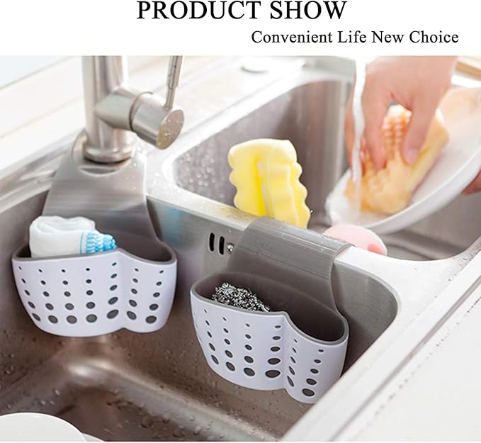 Sink Caddy Sponge Holder for Faucet - Flexible Silicone Plastic Saddle Organizer with Drain Holes, Double White