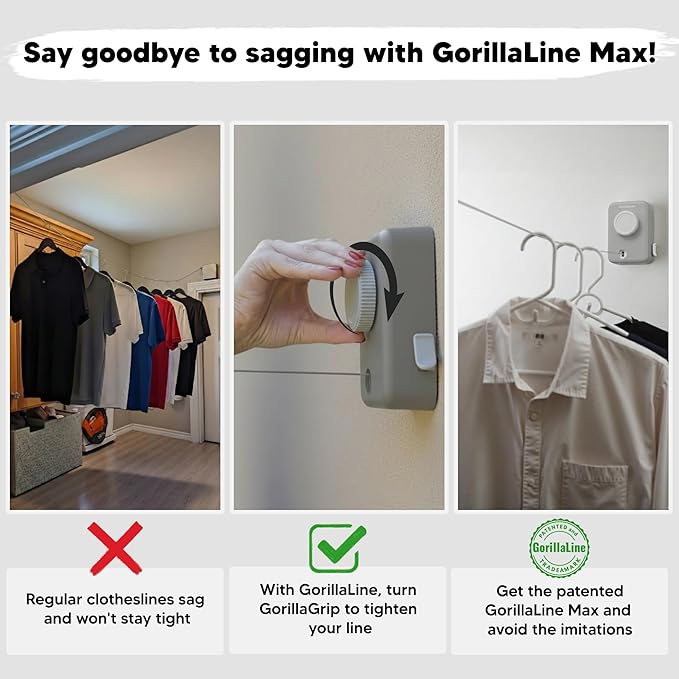 GorillaLine Max – Retractable Clothesline Indoor Outdoor, Non-Sagging Heavy Duty Clothes Drying Line, Wall Mounted Drying Rack, Air Dry Clothing, Max Tighten with GorillaGrip
