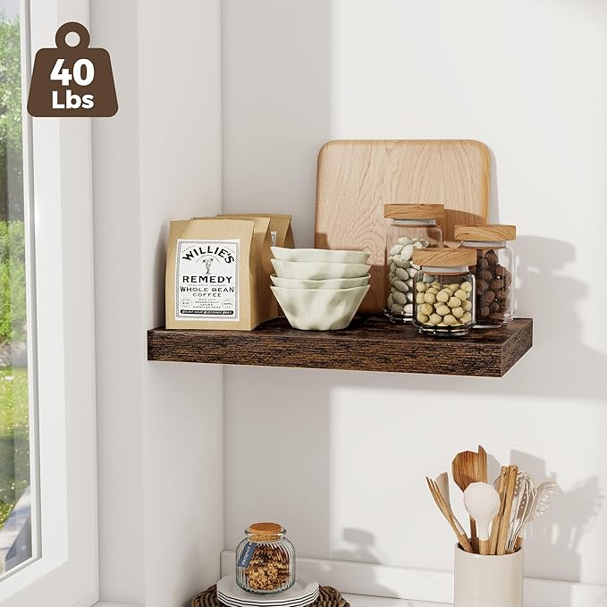 Fun Memories 24 x 12 Inch Deep Floating Shelves, 12 Inch Deep Rustic Wooden Book Shelf, Extra Deeper & Thicker Hanging Shelves for Living Room, Bathroom, Bedroom, Kitchen, Office, Set of 3 (Brown)
