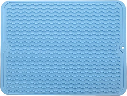 Silicone Dish Drying Mat for Multiple Usage,Easy clean,Eco-friendly,Heat-resistant Silicone Mat for Kitchen Counter or Sink,Refrigerator or drawer liner Light Blue L 16 inches x 12 inches