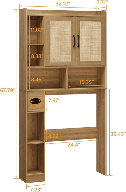Farmhouse Rattan Storage Cabinet Over Toilet - 2 Door with Toilet Paper Holder - Space-Saving for Bathroom, Oak