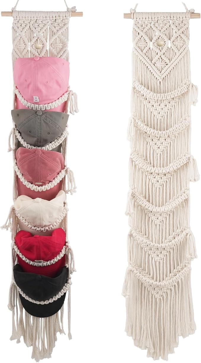 KaloKalo 2PCS Macrame Cap Holders Boho Hat Hangers Over Door Ball Cap Rack Organizer Decorative Bohemian Handmade Woven Wall Hanging for Baseball Cap Display Decoration (Ivory, Up to 24 Caps)