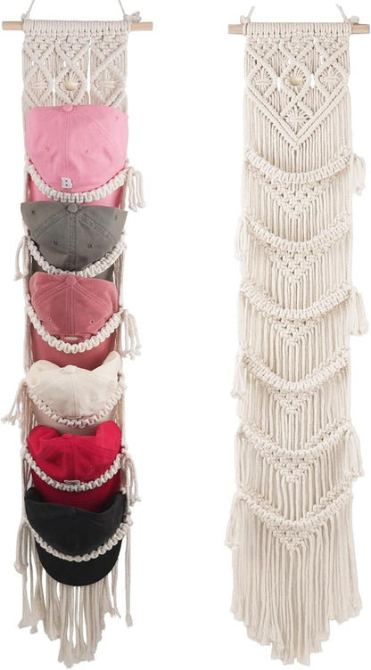 KaloKalo 2PCS Macrame Cap Holders Boho Hat Hangers Over Door Ball Cap Rack Organizer Decorative Bohemian Handmade Woven Wall Hanging for Baseball Cap Display Decoration (Ivory, Up to 24 Caps)