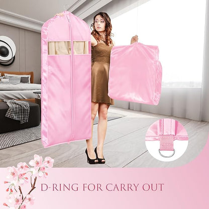 Univivi Super Soft Satin Garment Bags for Hanging Clothes, 60 Inch Zippered Dress Cover with Gussets, Breathable & Non-smell for Dresses, Coats, Jackets, Shirts, 2 Pack - Pink