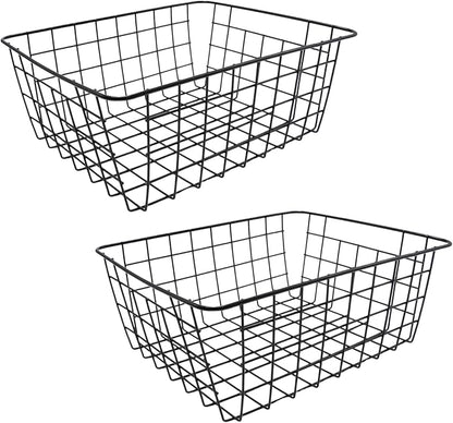 2Pcs Black Wire Kitchen Storage Baskets, Pantry Organization Accessories Basket, Stackable Metal Mesh Organizer with Handles, Multi-Purpose Basket for Fruits Bathroom Kitchen