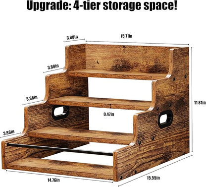 KLM Liquor Bottle Display Shelf, Coffee Syrup Rack Organizer, 4 Step Countertop Liquor Wine Rack, mini bar,liquor cabinet, Home Retro Bar Shelf Stand for Liquor Whiskey, (Brown)