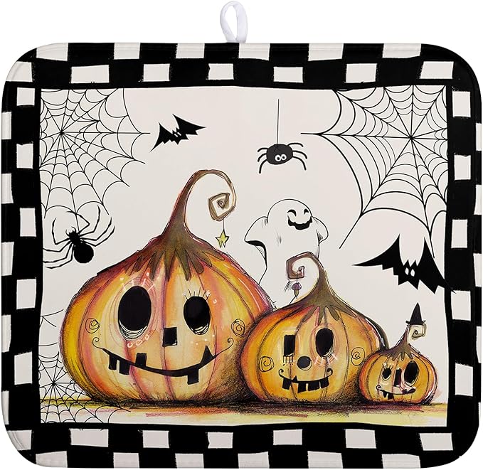Wnoesat Halloween Kitchen Drying Mats for Dishes 16x18 In Orange Pumpkin Ghost Dish Drying Mat Black Bat Spiders Web Buffalo Plaid Dish Rack Mat Absorbent Microfiber Drying Pad for Kitchen Counter