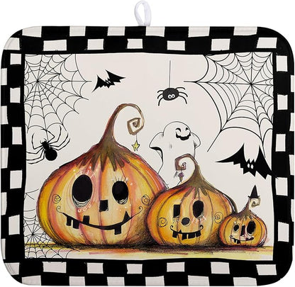 Wnoesat Halloween Kitchen Drying Mats for Dishes 16x18 In Orange Pumpkin Ghost Dish Drying Mat Black Bat Spiders Web Buffalo Plaid Dish Rack Mat Absorbent Microfiber Drying Pad for Kitchen Counter