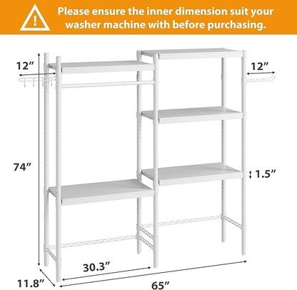 30" 5-Tier Over Washer Dryer Storage Shelf, Adjustable Laundry Room Shelves Organizer with Hanging Rod Hooks, Laundry Folding Station Rack for Top Load Machines, White