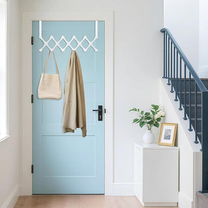 SCUNDA Expands Over The Door Hook Rack, Heavy Duty No Drill Hooks for Bathroom, Bedroom, Kitchen, Closet - Over The Door Hanger for Towels, Robes, Bags, Coats(White)