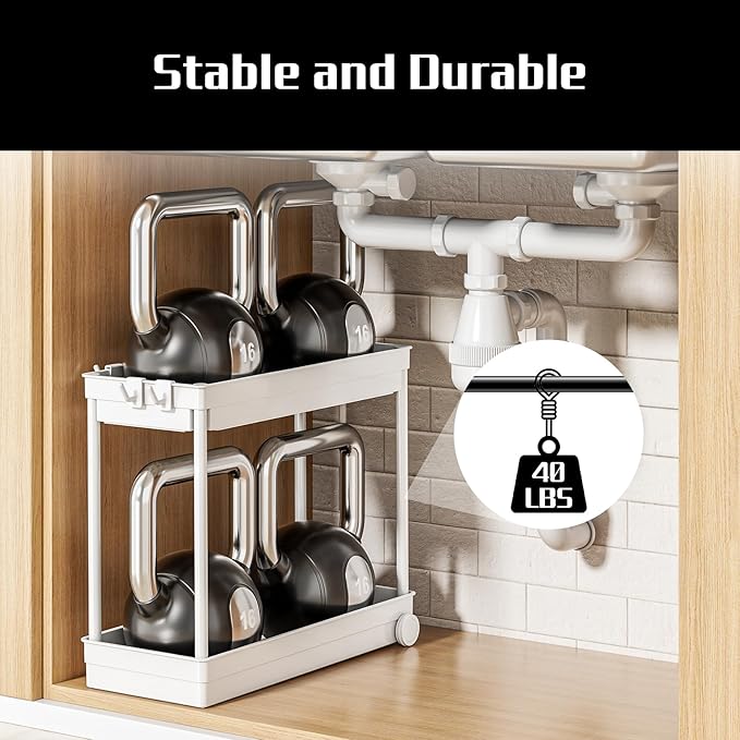 2 Pack Under Sink Organizer, 2 Tier Bathroom Cabinet Organizers and Storage with Hook, Multi-purpose Storage Basket Shelf for Kitchen (Frost White, 2 Pack)
