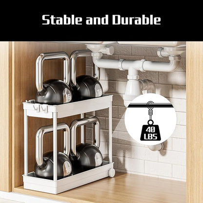 2 Pack Under Sink Organizer, 2 Tier Bathroom Cabinet Organizers and Storage with Hook, Multi-purpose Storage Basket Shelf for Kitchen (Frost White, 2 Pack)
