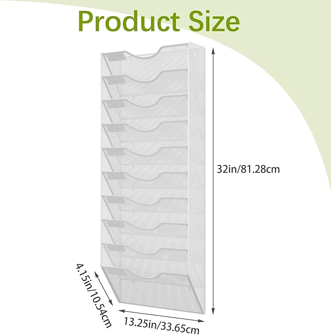 EasyPAG 10 Pocket Mesh Wall File Organizer, Hanging Paper Folder Holder with Classify Label, Vertical Wall Mount Mail Organizer for Office Home Classroom, White