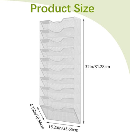 EasyPAG 10 Pocket Mesh Wall File Organizer, Hanging Paper Folder Holder with Classify Label, Vertical Wall Mount Mail Organizer for Office Home Classroom, White