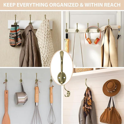 10 Pack Coat Hooks Wall Mounted with 20 Screws, Heavy Duty Antique Brass Towel Hooks Metal Double Hooks, No Rust Retro Rustic Wall Hooks for Hanging Towel, Coat, Scarf, Bag, Hat, Cup, Key