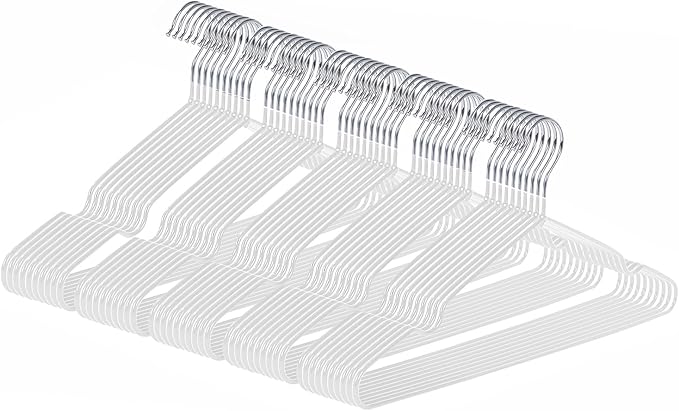 gofuch Ultra-Thin Metal Hangers, 50 Pack Non-Slip PVC Coated Space Saving Clothes Hangers for Closet, 16 inch Wide for Suits, Dresses, Jackets（White）