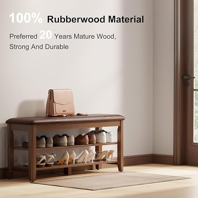 AQIMUELE Wood Shoe Rack Bench for Entryway, Shoe Rack for Front Door Entrance with Leather Cushion, 2 Tier Shoe Bench with Shoe Storage for Entryway, Bedroom.
