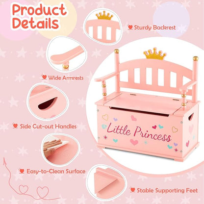 Costzon Wooden Toy Box, 2 in 1 Toy Chest Storage Bench Seat with Safety Hinged Lid, Kids Toy Storage Organizer for Playroom Bedroom, Children's Furniture, Pink