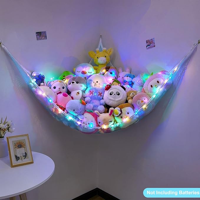 Unicorn Castle Stuffed Animals Net or Hammock Kids Toy Storage Organizer with LED Light Hanging Corner Stuffed Animals Holder Kids Girls Room Decor,Blue,Large (Pack of 1)