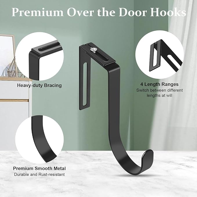 Yinsiskyer Adjustable Over The Door Hooks, Premium Metal Hooks for Hanging, Heavy Duty Door Coat Hangers and Towel Door Hangers, Cubicle Hook fits 1 3/8" to 3 1/2" Longer Panels for Wreath,Black,5 Pcs