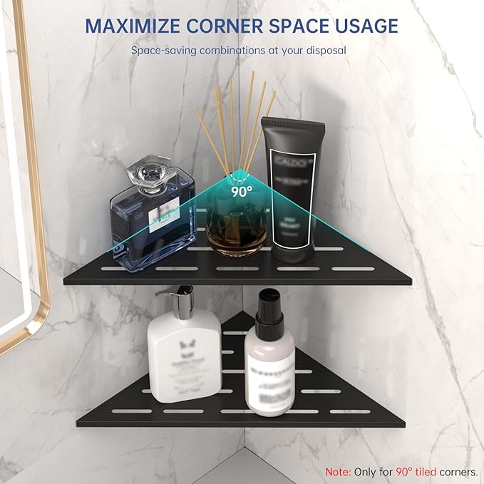 DAYONE Matte Black Corner Shower Shelf 2 Pack 10", Bathroom Corner Shower Organizer Shelf for Tiled Wall, SUS304 Stainless Steel Recessed Corner Shelves