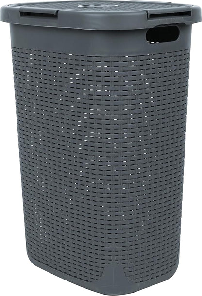 Mind Reader Slim Laundry Hamper with Lid, 60L Clothes Basket, Premium Wicker Design, Plastic, Gray