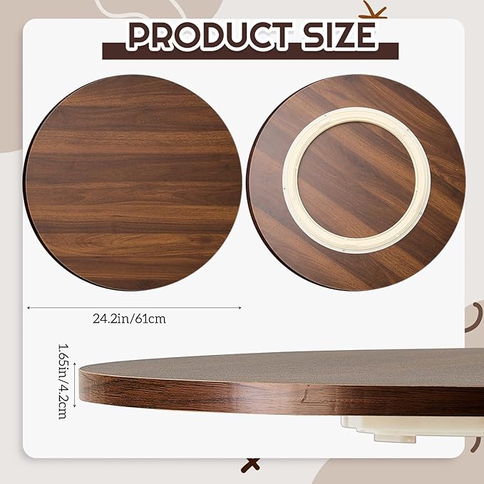 24" Black Walnut Wood Lazy Susan for Table Top, Large Turntable Rotating Serving Tray for Counter Top Solid Wooden Round Lazy Susan Organizer for Kitchen Spinning Food Server Centerpieces